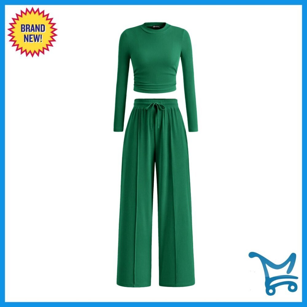 Women's Long Sleeve Crop Top Wide Leg Pants Set Chic Casual Tracksuit